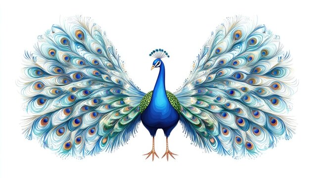 peacock with spread feathers, blue and white clip art preview