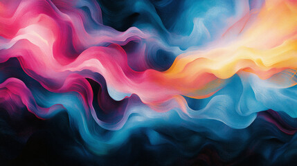 Bright and wavy lines in shades of pink, blue, and yellow flowing across a dark background, creating an abstract, energetic feel.