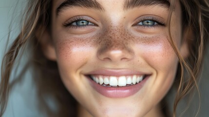 Fototapeta premium Close up of a smiling young woman with freckles and blue eyes.