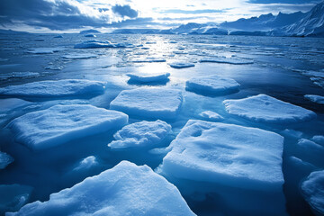 A melting ice sheet in the Arctic with water levels rising, symbolizing the effects of global warming and the urgent need to address climate change to protect our planet's future.