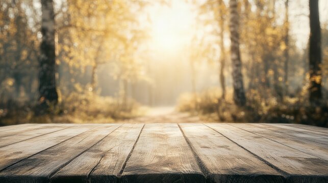 Wooden table in front of a beautiful autumn forest, sun rays shining through the trees, perfect for outdoor and nature backgrounds.