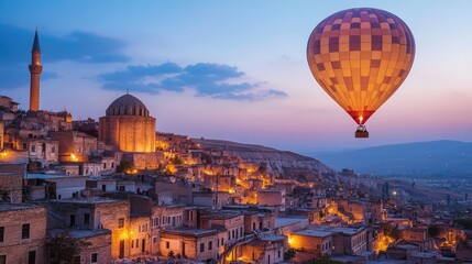 Fototapeta premium Hot air balloon gliding over Mardinaes old town at twilight, showcasing the historic charm and unique architecture of this Turkish city.