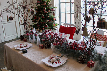 Christmas festive table setting in red and white colors