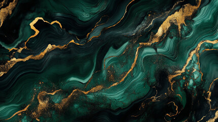 Bold liquid marble pattern in dark emerald green and black, with metallic gold accents swirling throughout the design.
