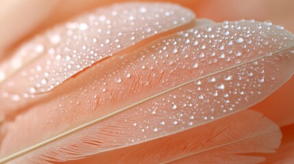 Obraz premium Close-up macro shot of soft peach-colored feathers with water droplets, creating a delicate and serene texture