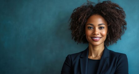 Obraz premium A confident woman in a dark blue suit stands smiling against a vibrant turquoise background, exuding professionalism and positive energy.