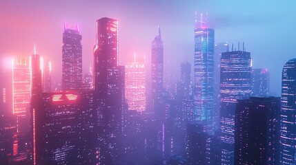 Fototapeta premium A futuristic cityscape at night with neon lights.