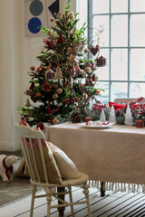 Christmas festive table setting in red and white colors