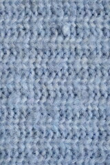 macro texture of woolen blue crocheted sweater as background, close-up of blue crocheted front surface, woolen texture of woolen wool, knitted front surface