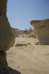 Coastal sandstone with visible erosion against a clear summer sky