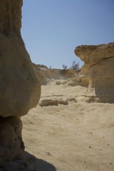 Coastal sandstone with visible erosion against a clear summer sky