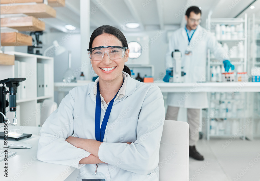 Sticker Woman, portrait and confident in lab for science, chemical engineering and research with tech. Happy, scientist and arms crossed in office with PPE, medical knowledge or medicine development in study