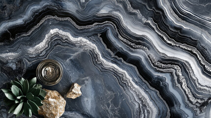 Fototapeta premium A sleek black and grey liquid marble pattern with bold silver accents running fluidly through the design, offering a modern, high-end aesthetic.