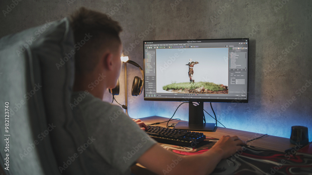 Poster Young designer creates 3D model and animation of game character using computer. Interface of professional 3D modeling software. Teen boy working on freelance project on PC at home. Game development.