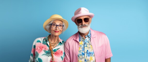 A man and woman are posing for a photo wearing hats and glasses