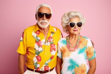 Obraz premium A man and a woman are posing for a picture wearing Hawaiian shirts