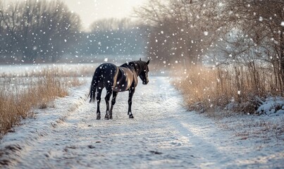A black horse is walking on a snowy road