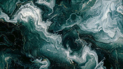 Obraz premium Liquid marble texture in dark forest green and white, with soft, flowing organic shapes creating a calm, natural aesthetic.