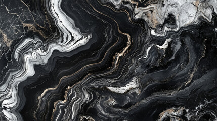 A sleek black and grey liquid marble pattern with bold silver accents running fluidly through the design, offering a modern, high-end aesthetic.