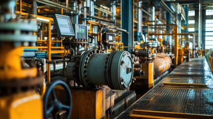 Fototapeta premium Industrial equipment and machinery at a chemical plant refinery, featuring pipelines, valves, and control panels in a busy production area