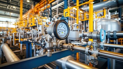 Fototapeta premium Industrial equipment and machinery at a chemical plant refinery, featuring pipelines, valves, and control panels in a busy production area