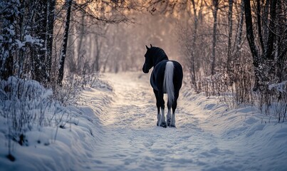 A horse is walking through a snowy forest