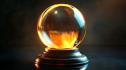 A glass orb sits on a stand with a glowing orange center.