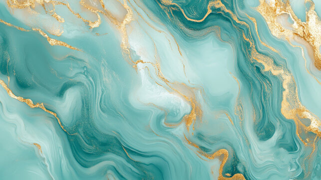 A realistic liquid marble background in soft teal with swirling gold accents, blending fluidly to create a serene yet luxurious abstract pattern.