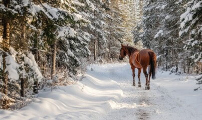 A brown horse is walking through a snowy forest