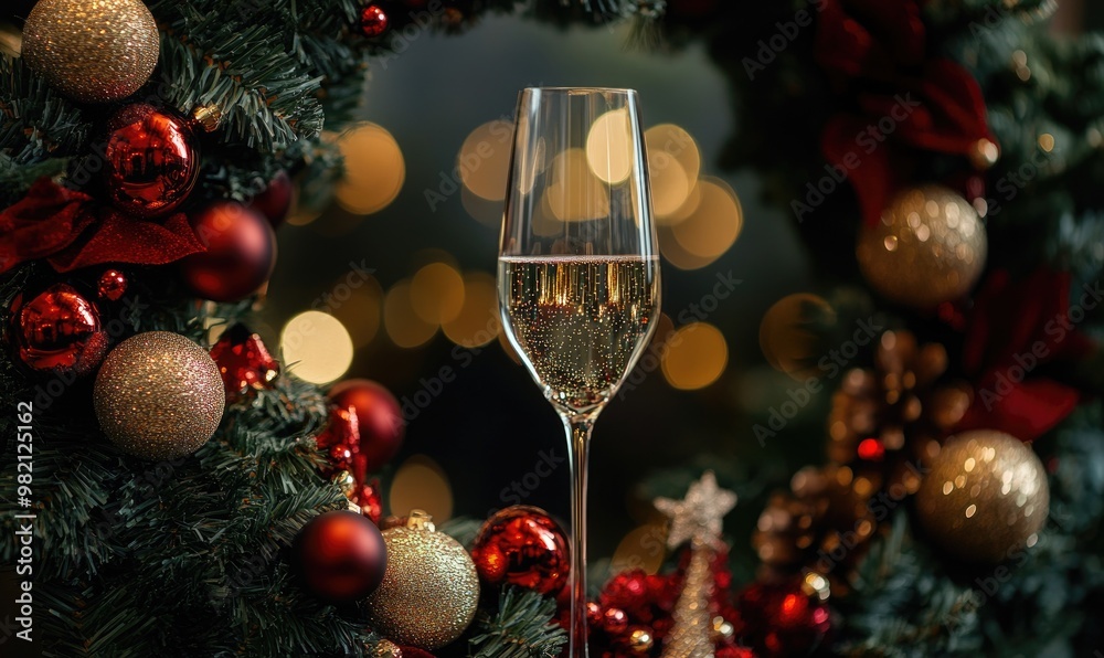 Wall mural a glass of champagne is in a wreath of christmas decorations