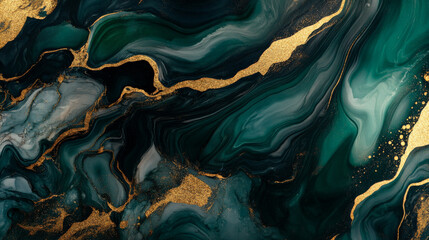 Swirling liquid marble texture with shades of emerald green and gold, creating a luxurious and fluid abstract pattern.