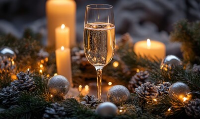 A glass of champagne is on a table with candles and pine cones