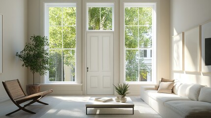 Fototapeta premium Interior of a contemporary townhouse featuring a white door, large windows, and stylish furnishings, emphasizing a spacious and light-filled living space