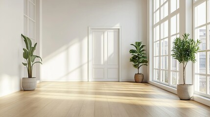 Fototapeta premium Interior of a modern apartment with a white door and large windows, featuring a light wood floor and minimalist furnishings, creating a serene environment