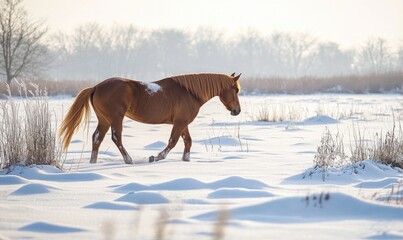 A brown horse is walking through a snowy field