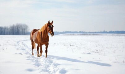 Fototapeta premium A horse is walking through a snowy field