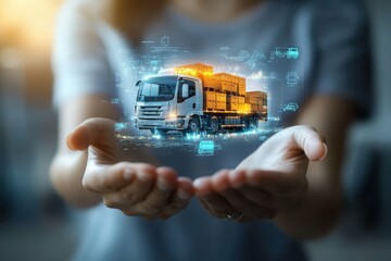Hologram of a delivery truck from logistics in womans hands