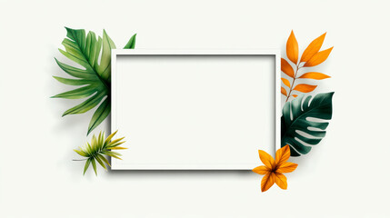 A vibrant, tropical frame featuring colorful leaves and flowers, perfect for adding a fresh touch to any design or presentation.
