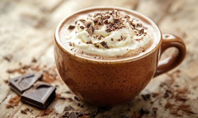 A cup of hot chocolate with whipped cream and chocolate shavings on top