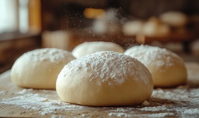 Fototapeta premium A close up of four dough balls with powdered sugar on top