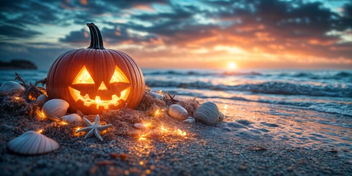 Pumpkin Jack-o-lantern on sunset beach. Nautical Halloween theme and Thanksgiving day on sunset beach background. Autumn travel and vacation concept cards, invitations