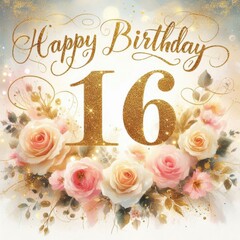 Elegant birthday card design featuring roses and golden text for a 16th birthday celebration.