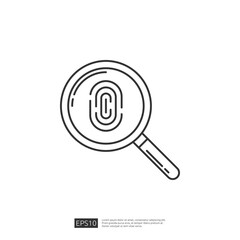 Fingerprint under magnifying glass, icon design for security, identification, biometric authentication. Black and white outline vector illustration isolated on white background.