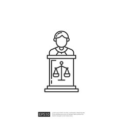 Judge standing behind a podium with a scale of justice on it. Legal, law and court icon.