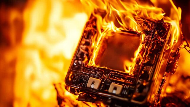 Exploding pager engulfed in flames, high-intensity