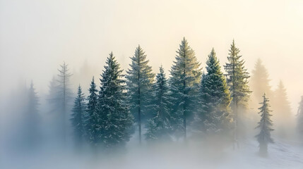 Obraz premium A Misty Morning in the Forest, with Tall Pine Trees Standing Silhouetted Against a Hazy Sky, Creating a Serene and Tranquil Atmosphere, Perfect for Contemplation and Relaxation.