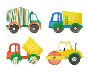 Beautiful vector childish set with hand drawn watercolor kid toys illustrations. Construction equipment concrete mixer dump truck excavator tractor clip art. © Zenina-Lembrik