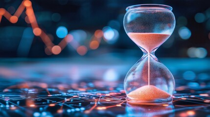 A futuristic hourglass overlaid with financial data charts and graphs, highlighting the relationship between time and economic growth in a digital world
