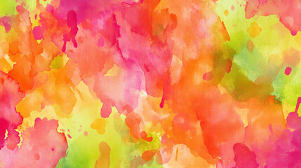 Bright and lively watercolor abstract background with vibrant splashes of neon orange, lime green, and fuchsia, arranged in chaotic, expressive shapes.