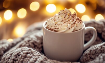 A white coffee cup with whipped cream on top is sitting on a blanket